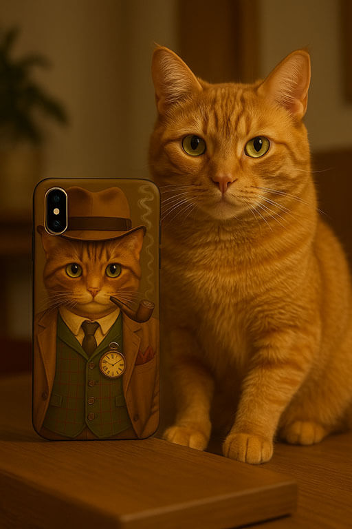 Custom pet illustration phone case with orange cat in vintage detective outfit, real cat sitting beside it on the table Emma Rae