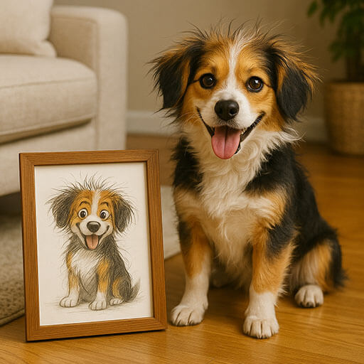 Custom pet illustration portrait in wooden frame featuring a happy cartoon-style dog, with the real dog sitting on the living room floor Hazel Quinn