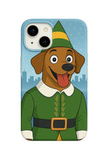 Custom Phone Case featuring a funny illustration of a happy dog in a Christmas elf costume. This festive and durable phone case is a perfect custom gift for a pet lover during the holidays