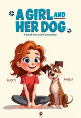 Custom Digital Artwork in a movie poster style, featuring a cartoon girl named Buddy and her dog Amelia. This heartwarming illustration celebrates their unbreakable bond, making it a perfect personalized custom gift for a young pet lover.