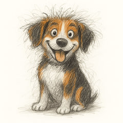 Custom Digital Artwork featuring a joyful cartoon sketch of a scruffy, happy dog. The energetic drawing captures a wide-eyed, smiling pup with messy fur, making it a fun and lively custom gift for any pet lover