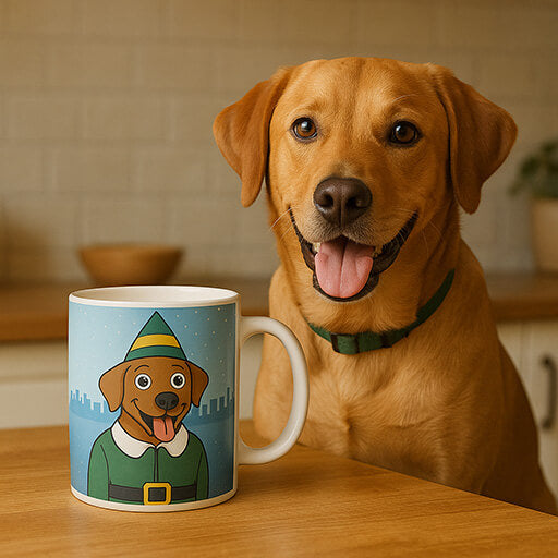 Custom pet illustration mug featuring dog in Christmas elf outfit, with the real dog sitting at the table Lily Morgan
