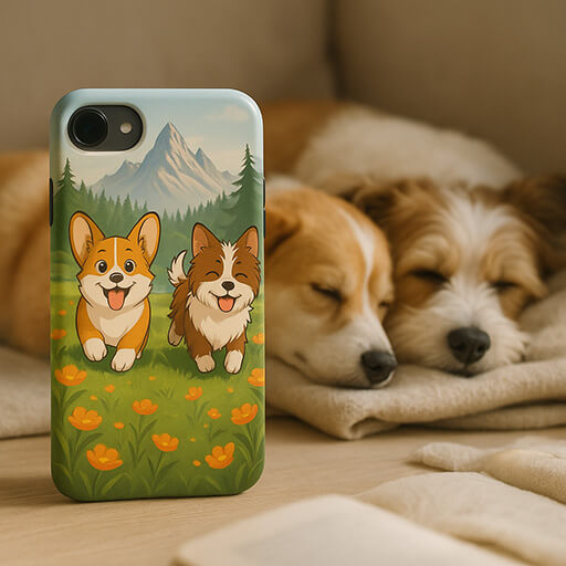 Personalized pet illustration phone case, custom design with cartoon dog portraits Chloe Bennett