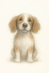 Custom Digital Artwork featuring a heartwarming, hand-drawn sketch of a beagle puppy with large, sad eyes. The detailed pencil art captures the dog's soulful expression, making it a perfect emotional custom gift for a pet lover.

