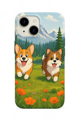 Custom Phone Case with a joyful illustration of two happy corgis running in a mountain meadow. This durable and cute phone case is the perfect custom gift for any corgi or pet lover